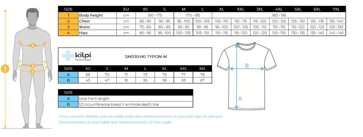 Men´s cotton t-shirt Kilpi TYPON-M – Size chart