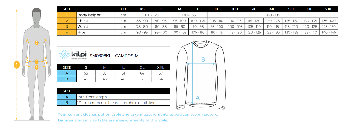 Heren lange mouw fietsshirt Kilpi CAMPOS-M – Maattabel