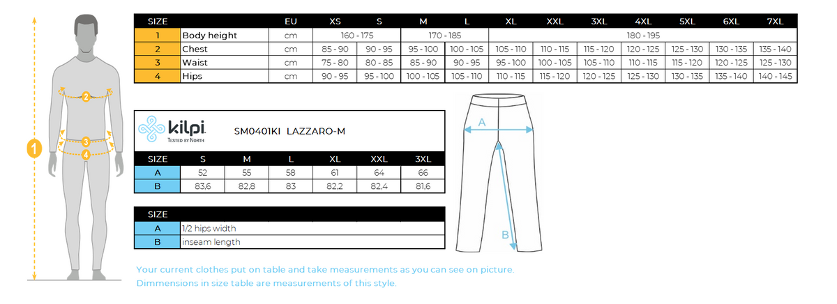 Men´s hardshell pants Kilpi LAZZARO-M – Size chart