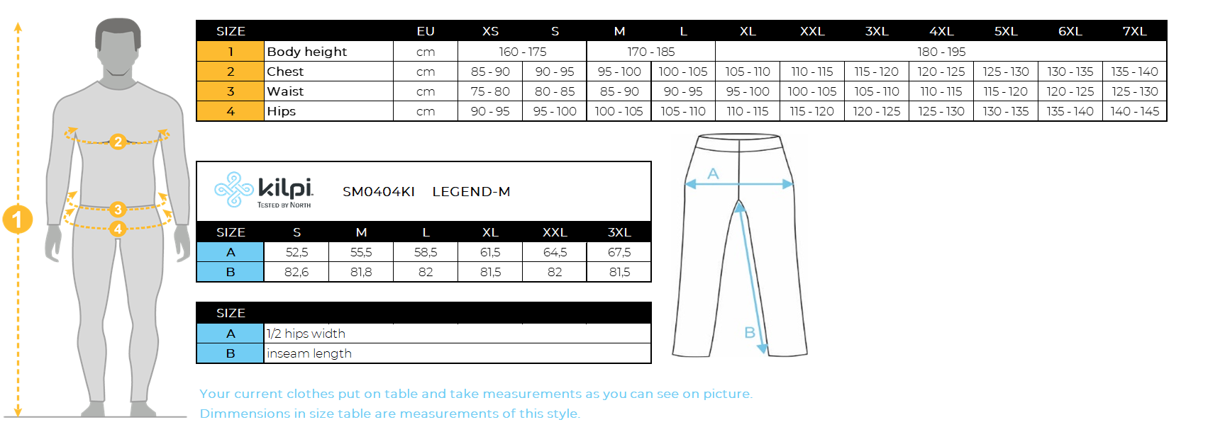 Men´s ski pants Kilpi LEGEND-M – Size chart