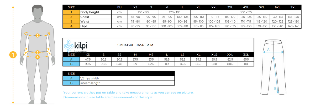 Men's outdoor pants Kilpi JASPER-M – Size chart