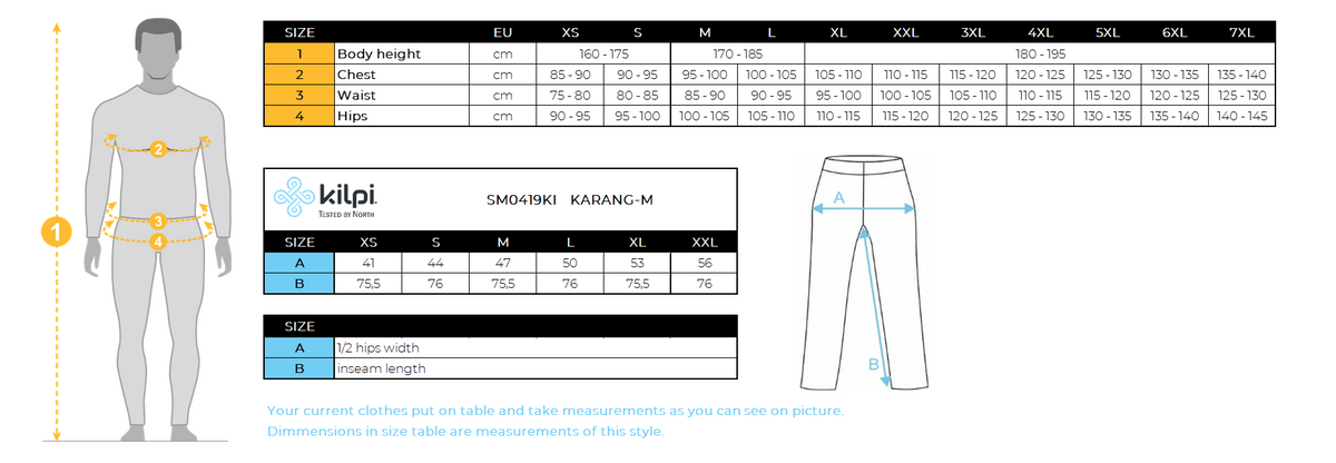 Heren crosscountrylegging Kilpi KARANG-M – Maattabel