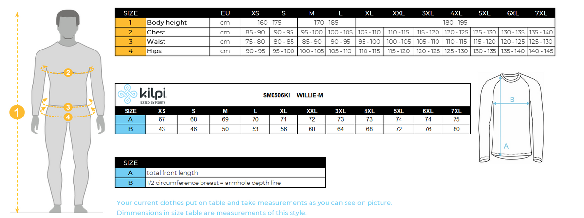 Men´s base layer Kilpi WILLIE-W – Size chart