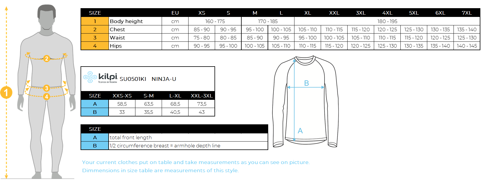 Seamless base layer Kilpi NINJA-U – Size chart