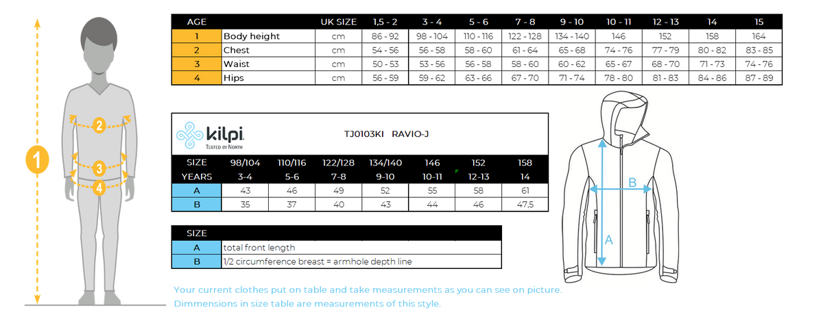 Boy´s softshell jacket Kilpi RAVIO-J – Size chart