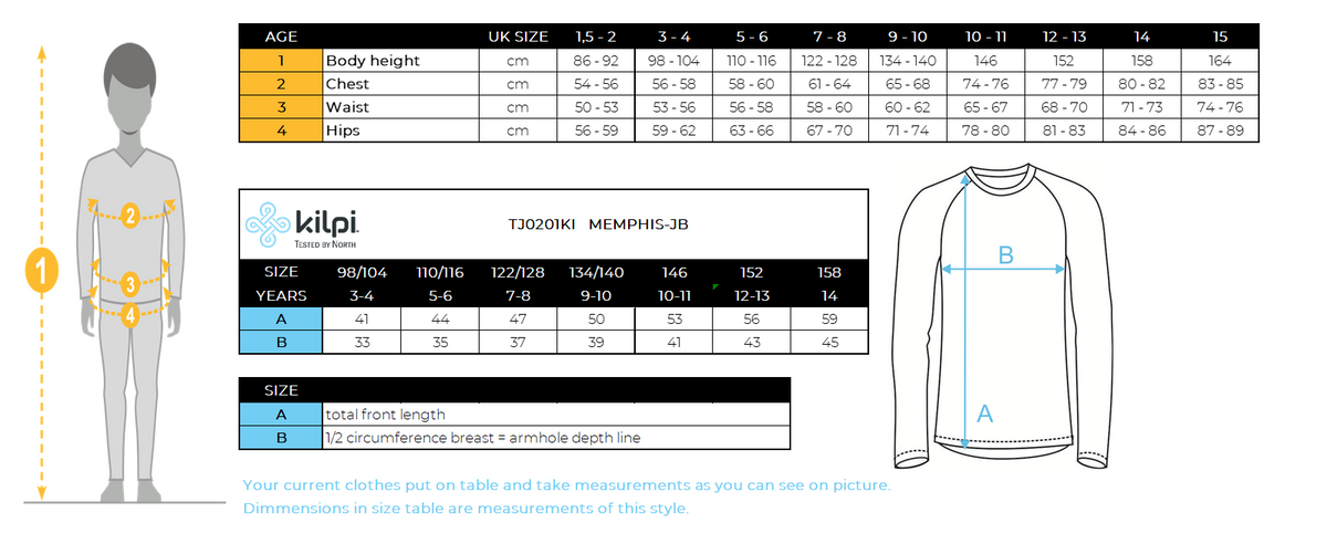 Boy´s technical sweatshirt Kilpi MEMPHIS-JB – Size chart