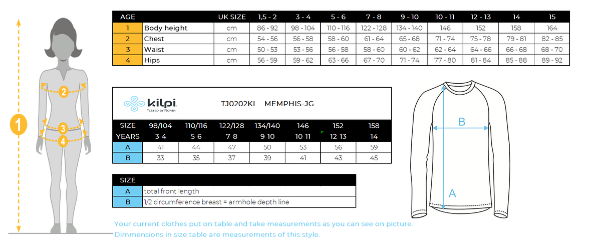 Girl´s technical sweatshirt Kilpi MEMPHIS-JG – Size chart