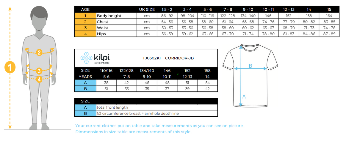 Jongens wielershirt Kilpi CORRIDOR-JB – Maattabel