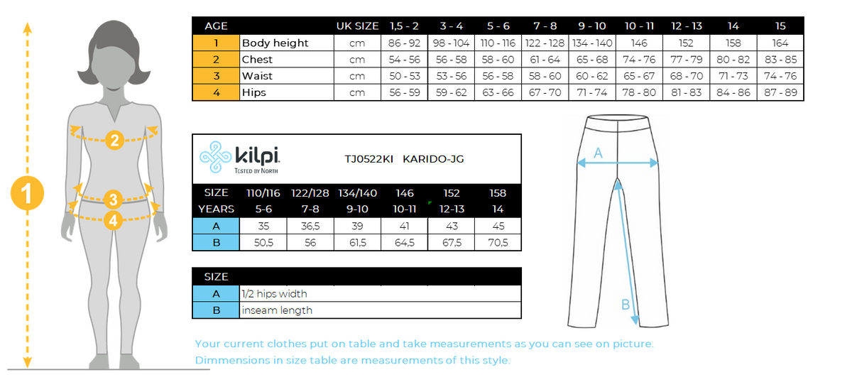 Girls outdoor pants kilpi KARIDO-JG – Size chart