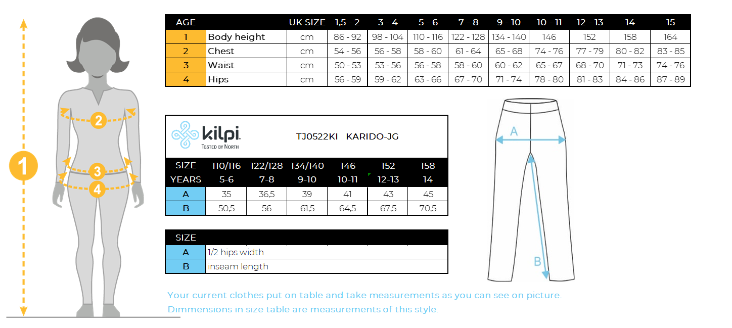 Girls outdoor pants kilpi KARIDO-JG – Size chart