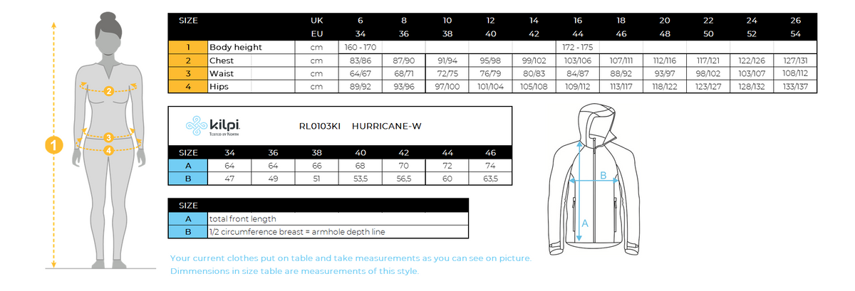 Women´s membrane jacket Kilpi HURRICANE-W – Size chart