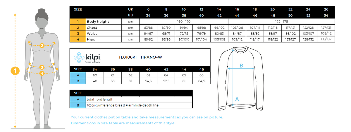 Women´s ultralight running windbraker Kilpi TIRANO-W – Size chart