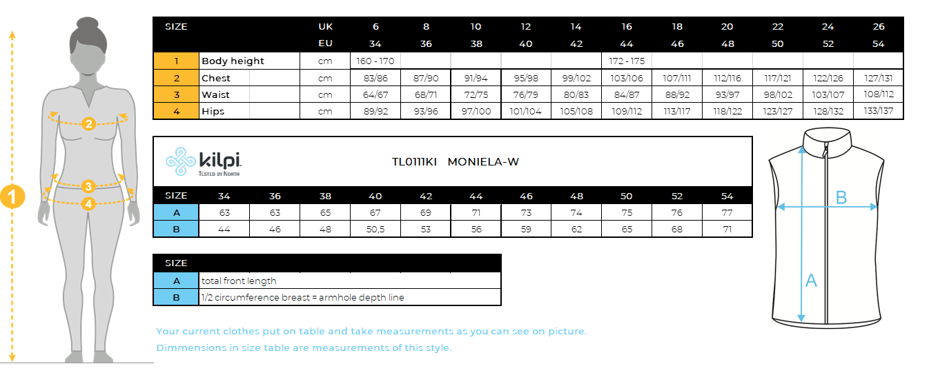 Women´s softshell vest Kilpi MONILEA-W – Size chart