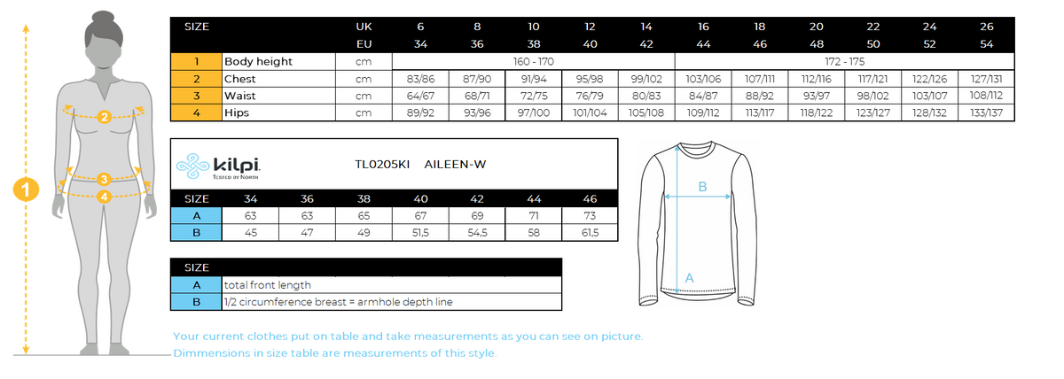 Women´s fitness hoodie Kilpi AILEEN-W – Size chart