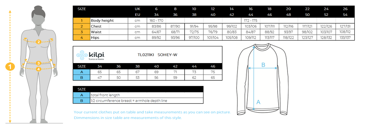 Women´s cotton hoodie Kilpi SOHEY-W – Size chart