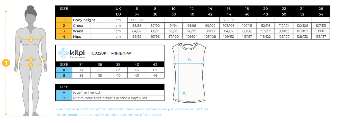 Women´s merino wool functional top Kilpi MIRIEN-W – Size chart
