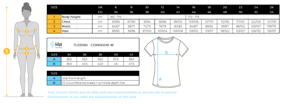 Damesfietsshirt Kilpi CORRIDOR-W – Maattabel