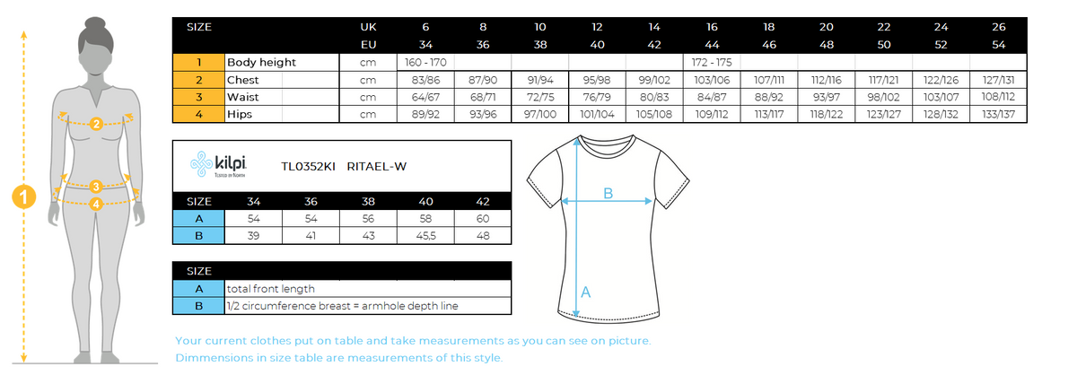 Damesfietsshirt Kilpi RITAEL-W – Maattabel