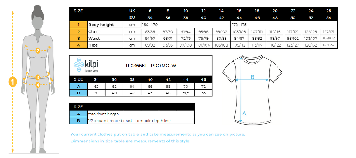 Dames katoenen t-shirt Kilpi PROMO-W – Maattabel