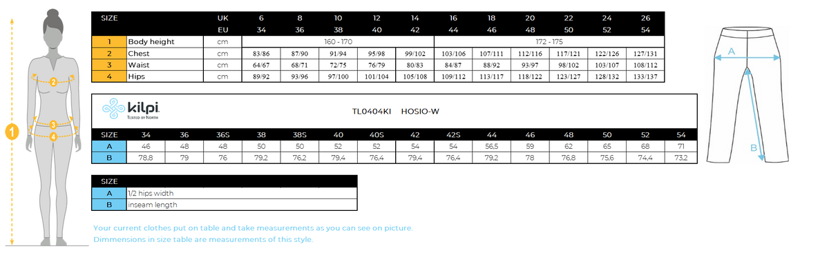 Women´s outdoor pants Kilpi HOSIO-W – Size chart