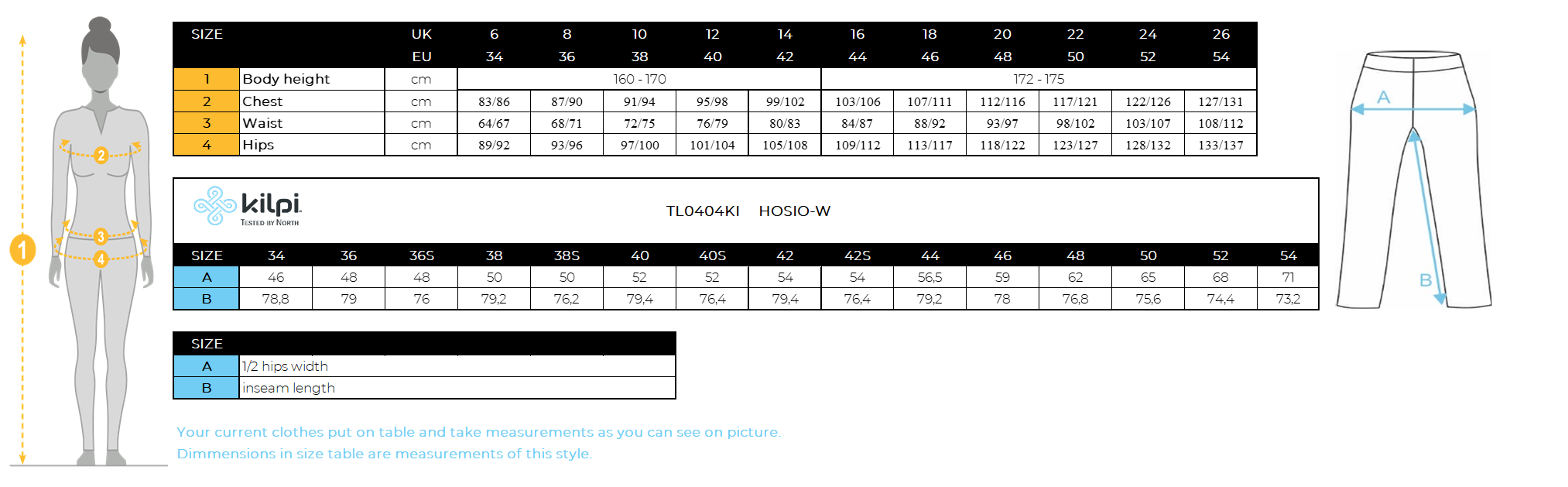 Women´s outdoor pants Kilpi HOSIO-W – Size chart