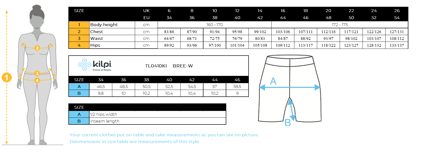 Women´s shorts Kilpi BREE-W – Size chart