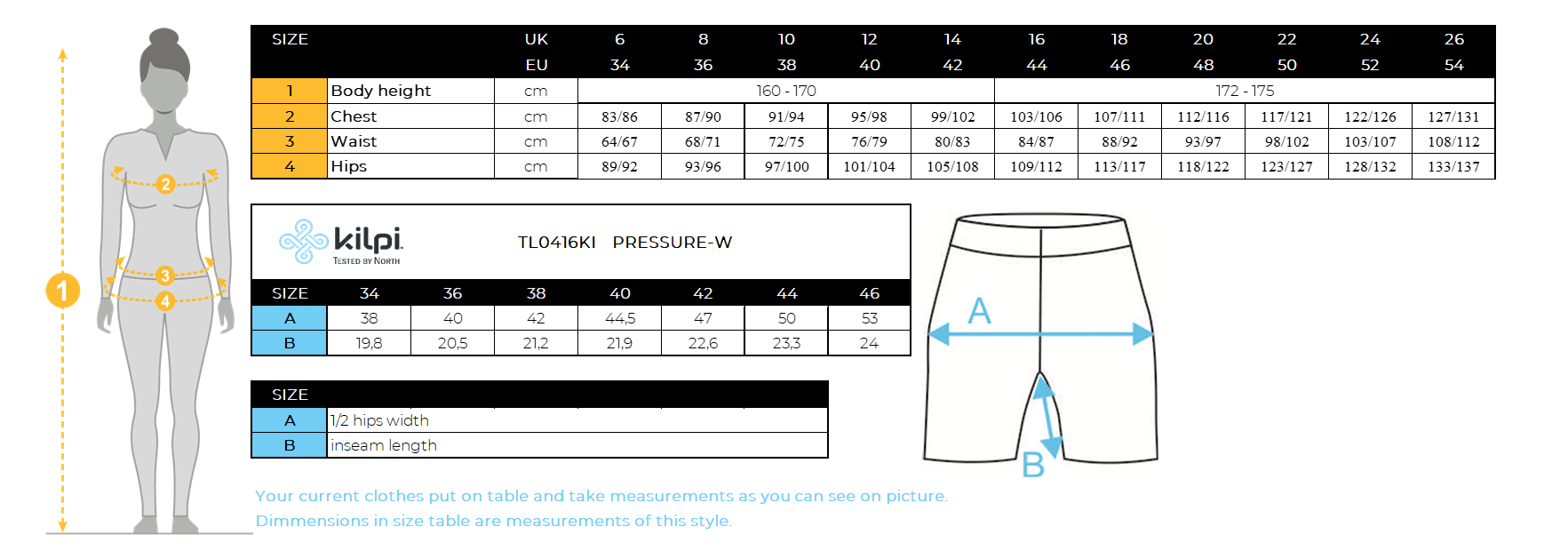 Women´s cycling shorts Kilpi PRESSURE-W – Size chart