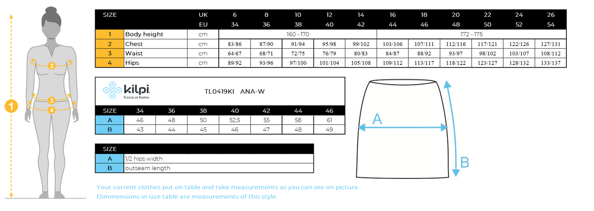 Women´s outdoor skirt Kilpi ANA-W – Size chart