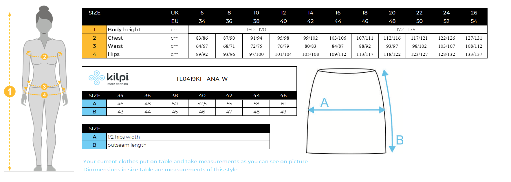 Women´s outdoor skirt Kilpi ANA-W – Size chart