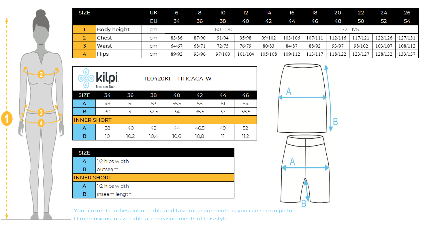 Women´s running skirt Kilpi TITICACA-W – Size chart