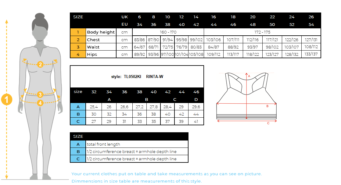 Women´s sport bra Kilpi RINTA-W – Size chart