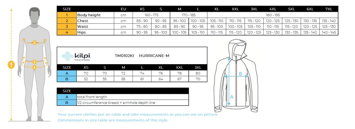 Men´s hardshell outdoor jacket Kilpi HURRICANE-M – Size chart