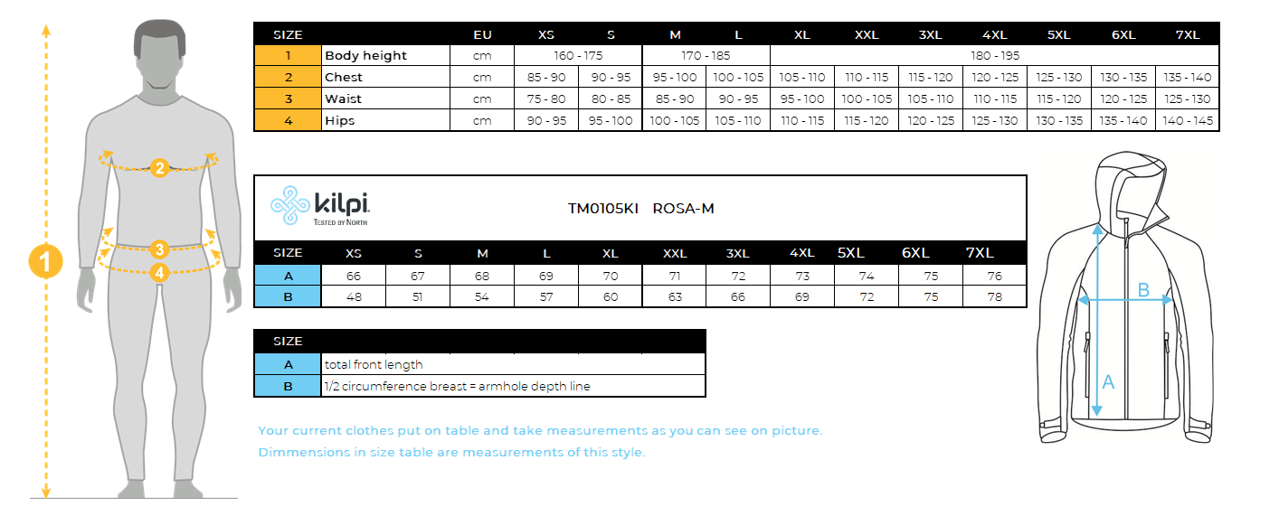 Men´s outdoor or running windbreaker jacket Kilpi ROSA-M – Size chart