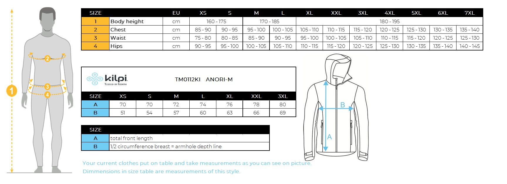 Men´s ultralight running jacket Kilpi ANORI-M – Size chart