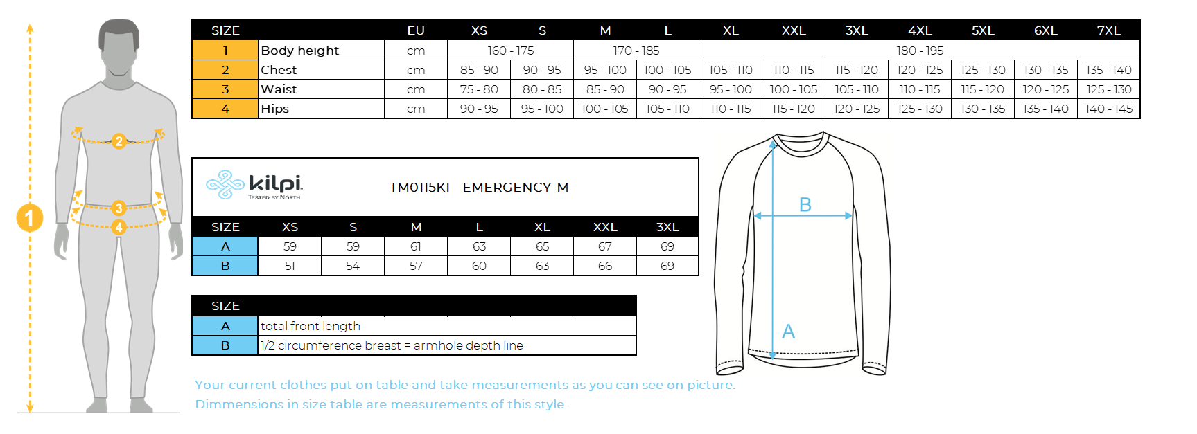 Men´s cycling raincoat Kilpi EMERGENCY-M – Size chart