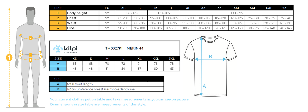 Men´s merino t-shirt Kilpi MERIN-M – Size chart