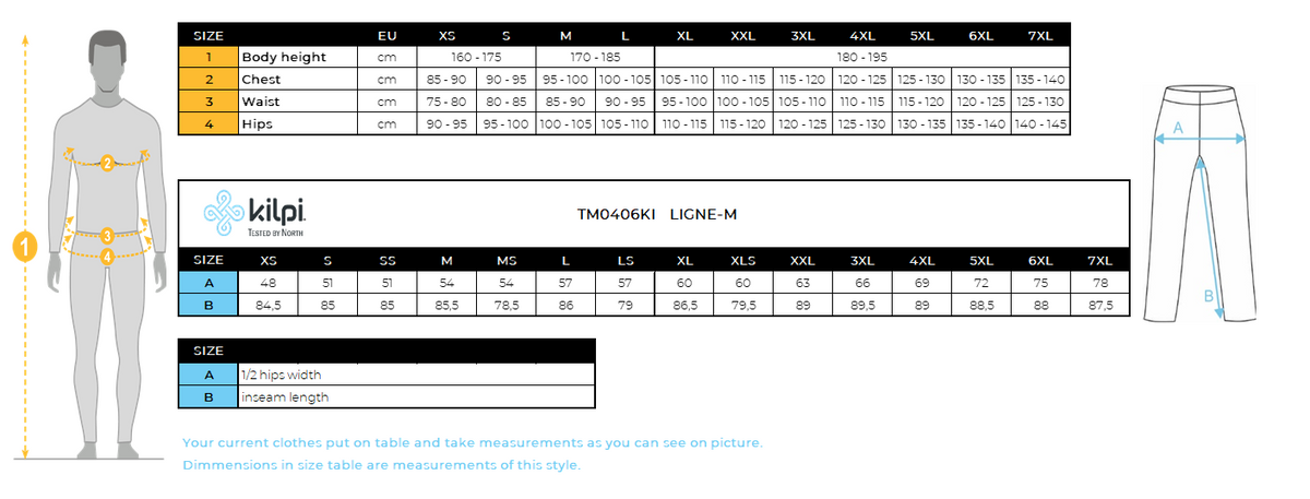 Men´s outdoor pants Kilpi LIGNE-M – Size chart