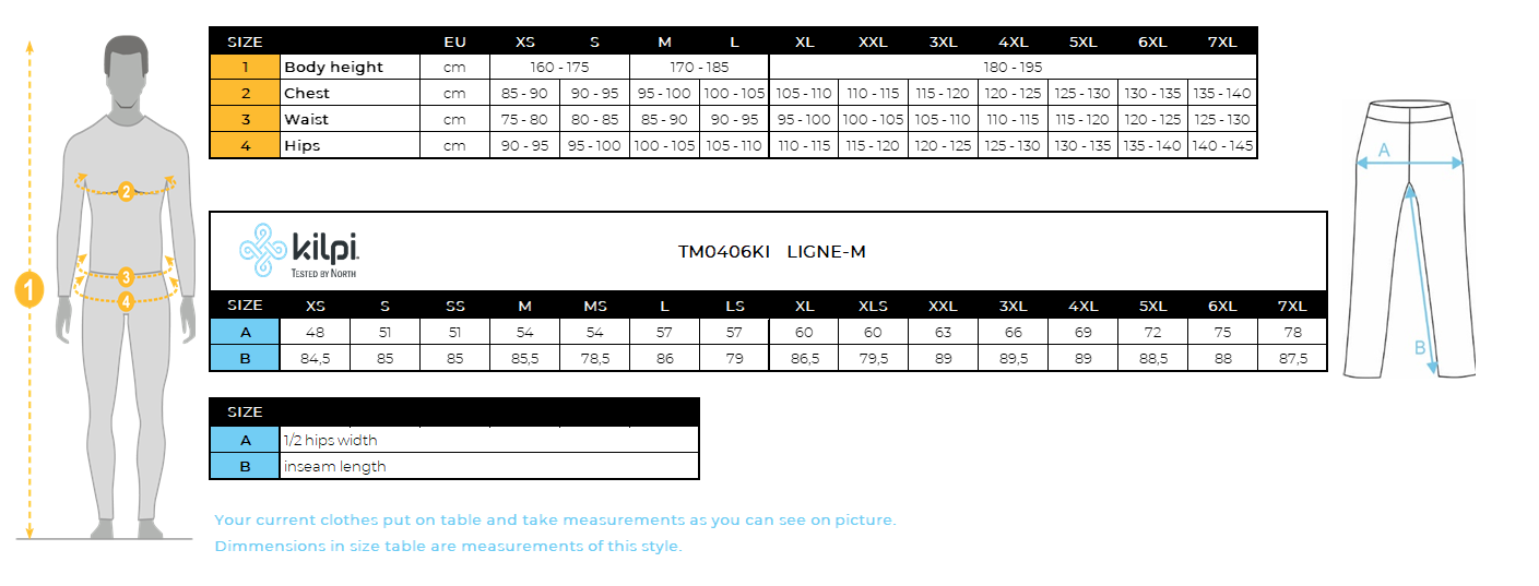 Men´s outdoor pants Kilpi LIGNE-M – Size chart