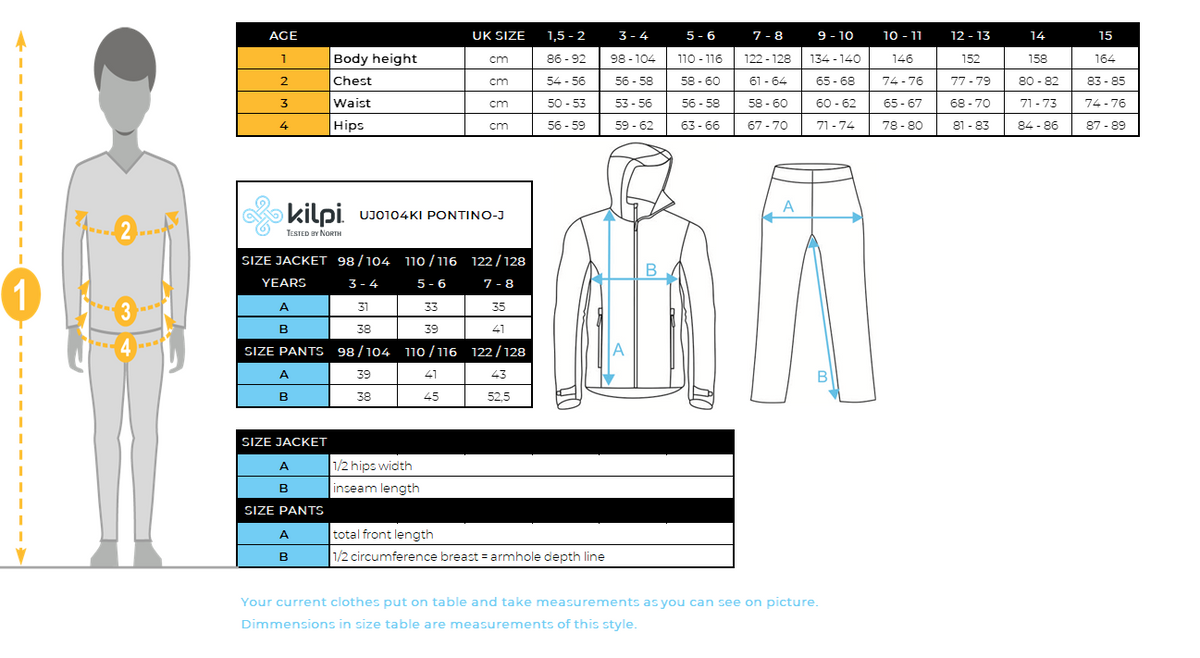 Kid´s ski overall Kilpi PONTINO-J – Size chart