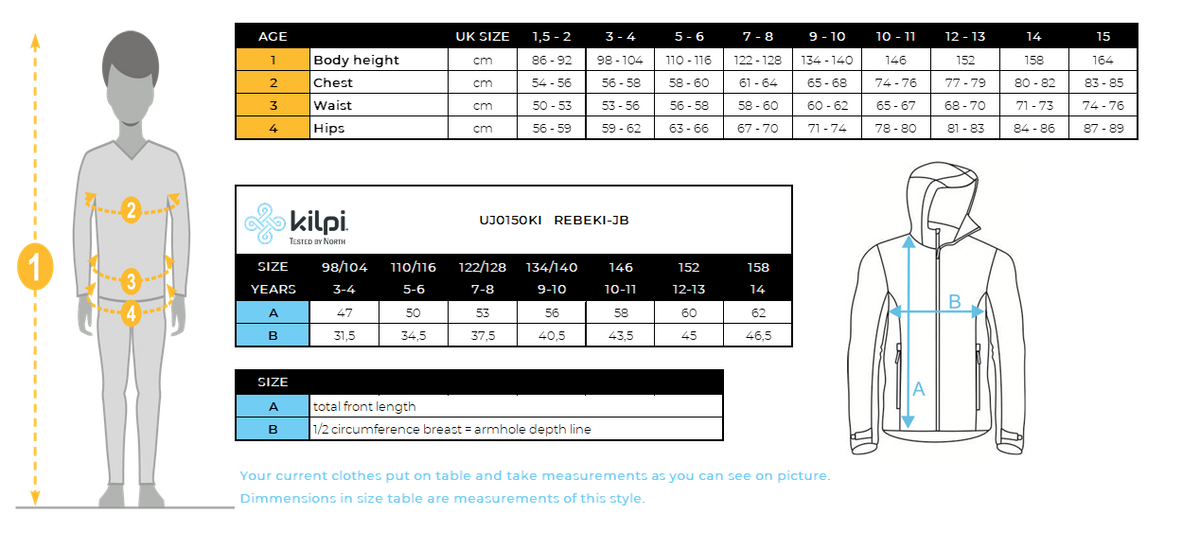 Kid´s insulated jacket Kilpi REBEKI-JB – Size chart
