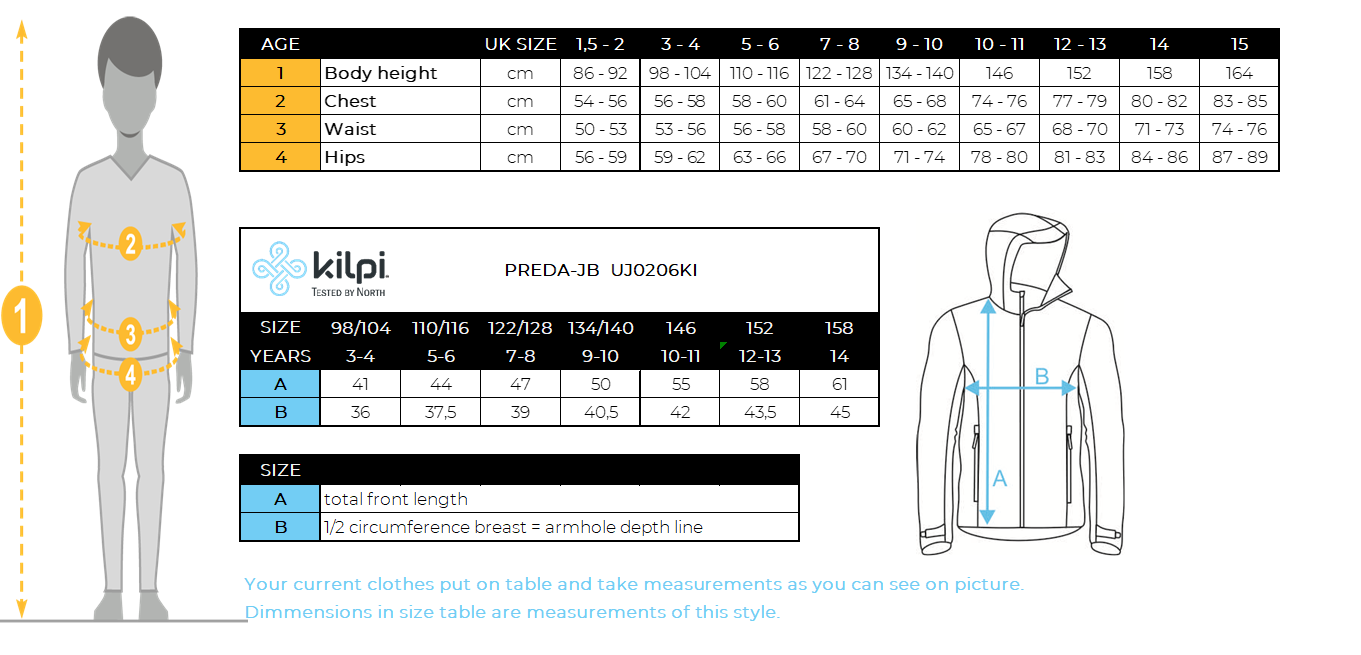Katoenen kindersweatshirt Kilpi PREDA-JB – Maattabel