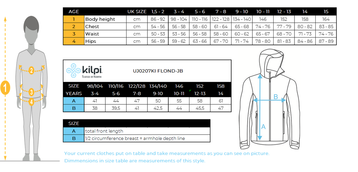 Kid´s fleece hoodie Kilpi FLOND-JB – Size chart