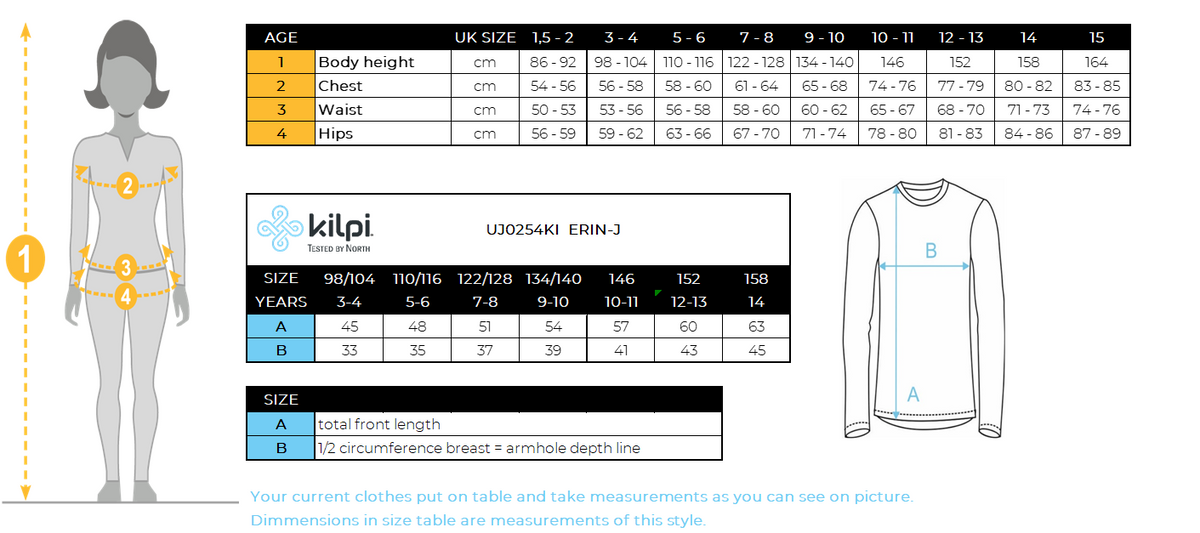 Harige fleece middenlaag voor kinderen Kilpi ERIN-J – Maattabel