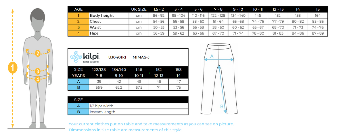 Kid´s ski pants Kilpi MIMAS-J – Size chart