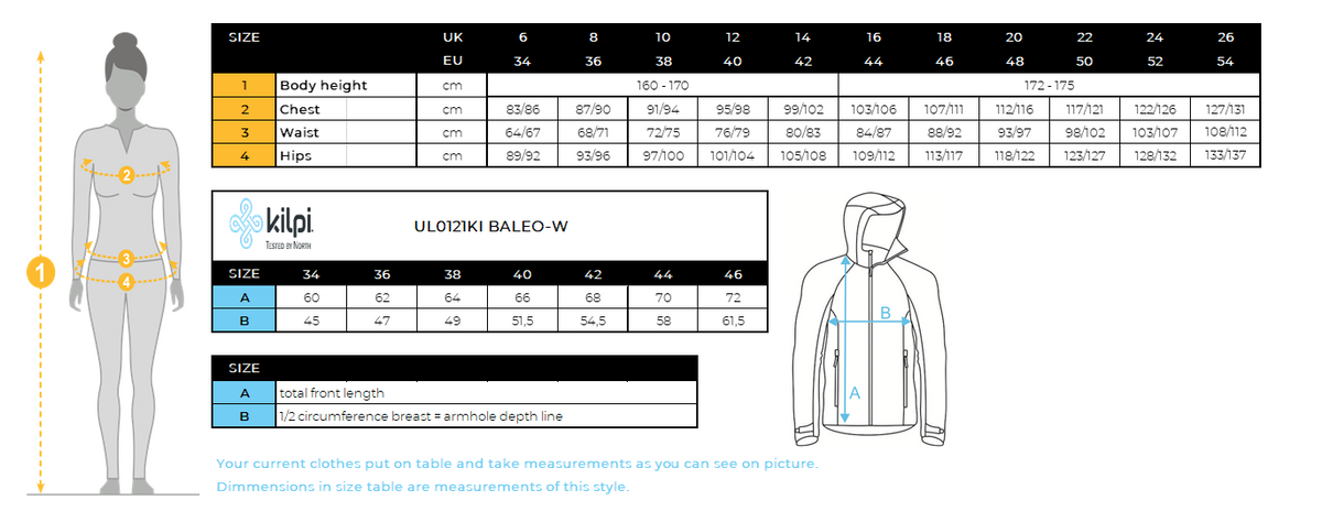 Women´s running jacket Kilpi BALEO-W – Size chart