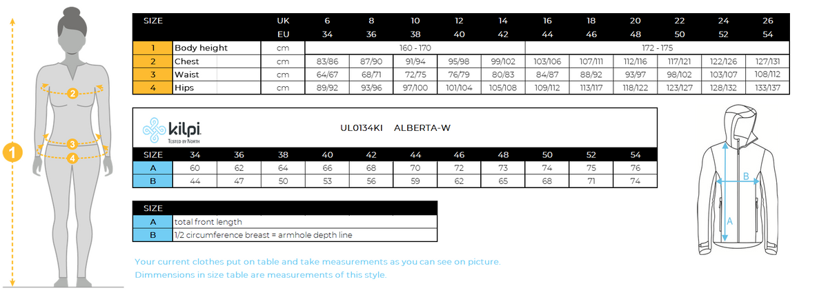 Women´s down jacket Kilpi ALBERTA-W – Size chart
