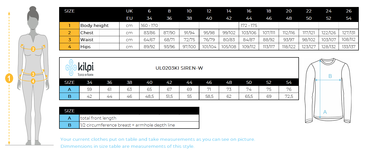 Women´s stretch middle layer Kilpi SIREN-W – Size chart