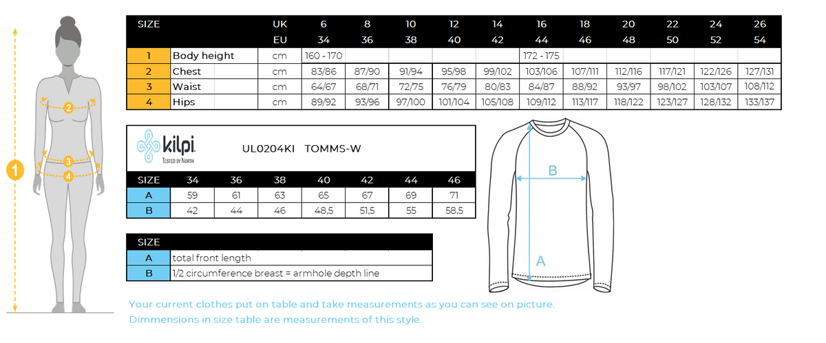 Women´s stretch middle layer Kilpi TOMMS-W – Size chart