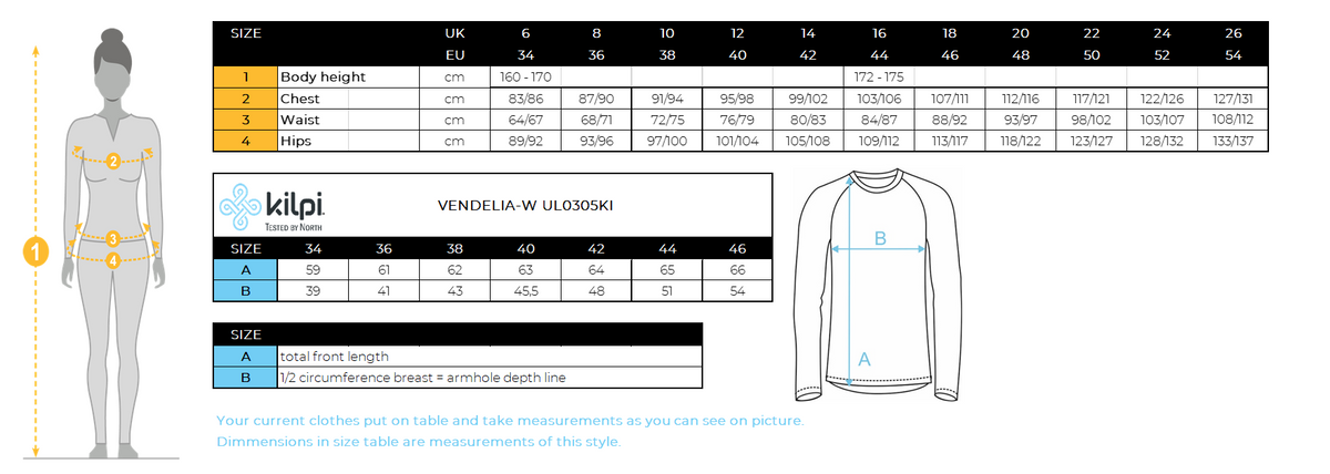 Women´s long sleeve t-shirt Kilpi VENDELIA-W – Size chart