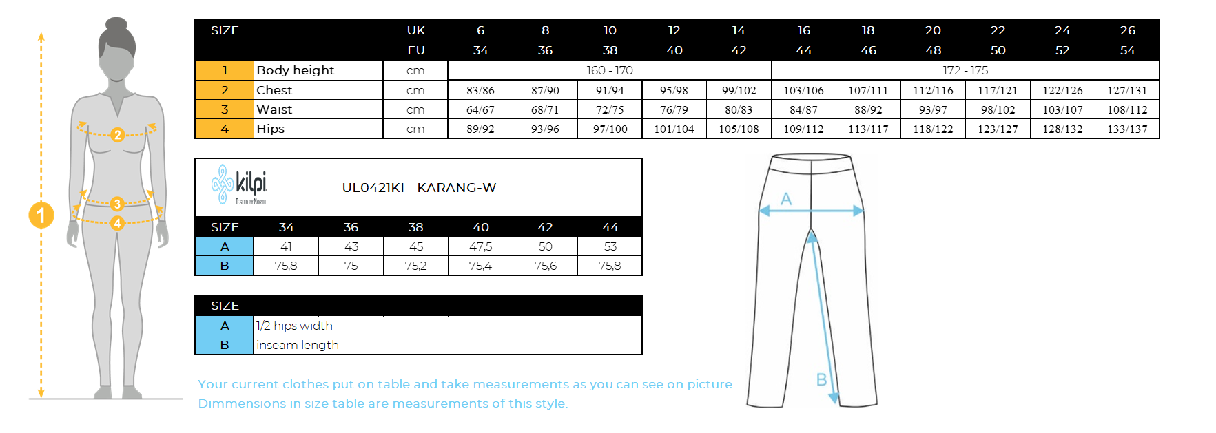 Dames hardlooplegging Kilpi KARANG-W – Maattabel